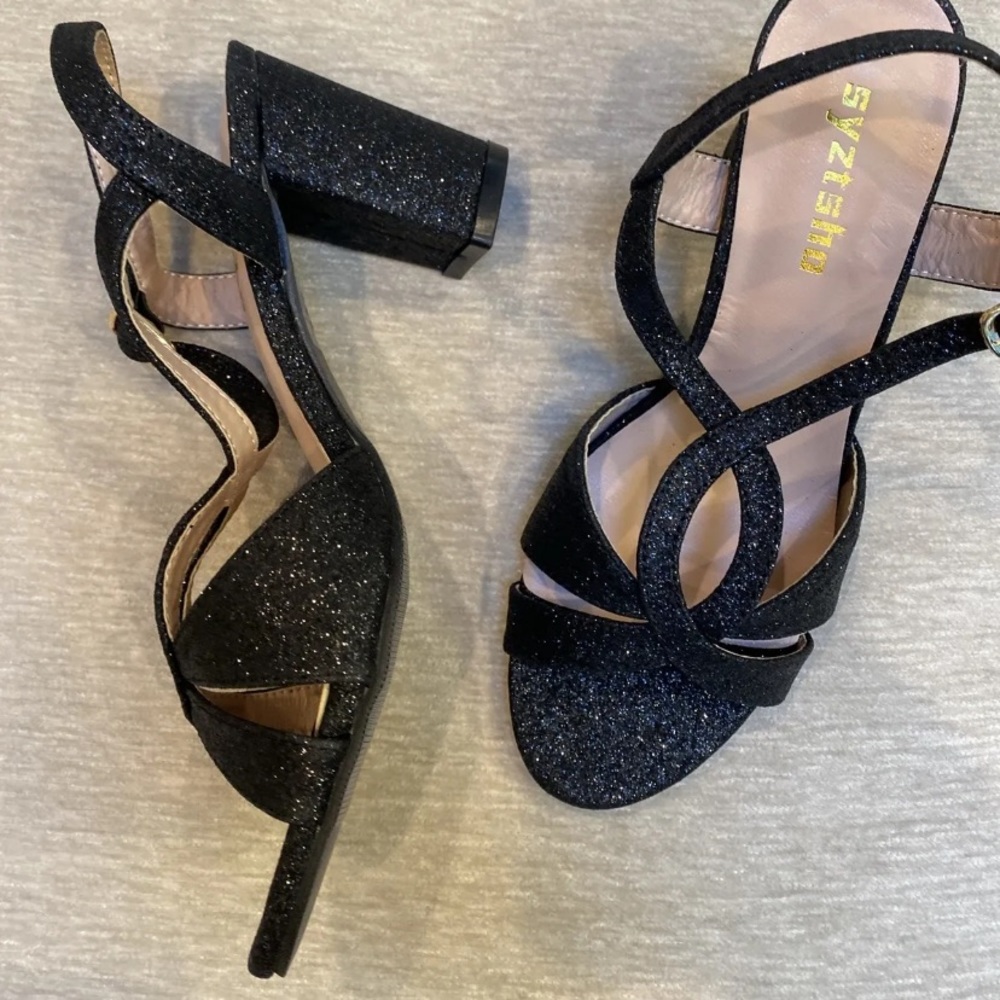 Women's Glitter Shoes Chunky Heels Sandals Slingback Block New Black Size 36